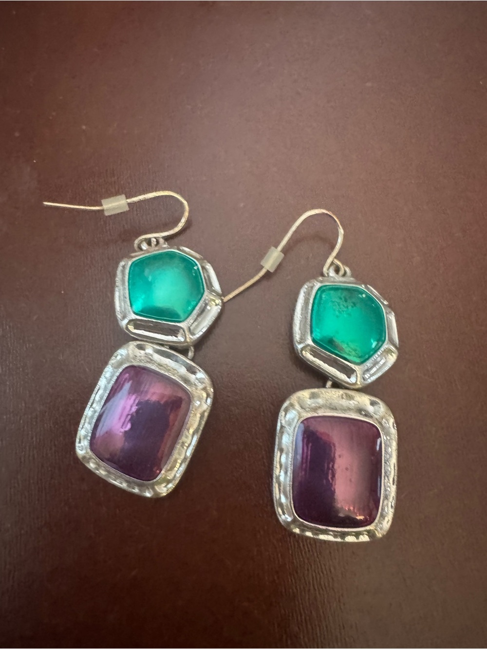 Silver-tone Drop Earrings with Green and Purple Stones